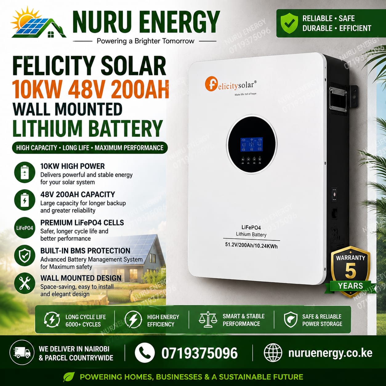 Felicity Solar 10kWh 48V 200Ah Wall-Mounted Lithium Battery