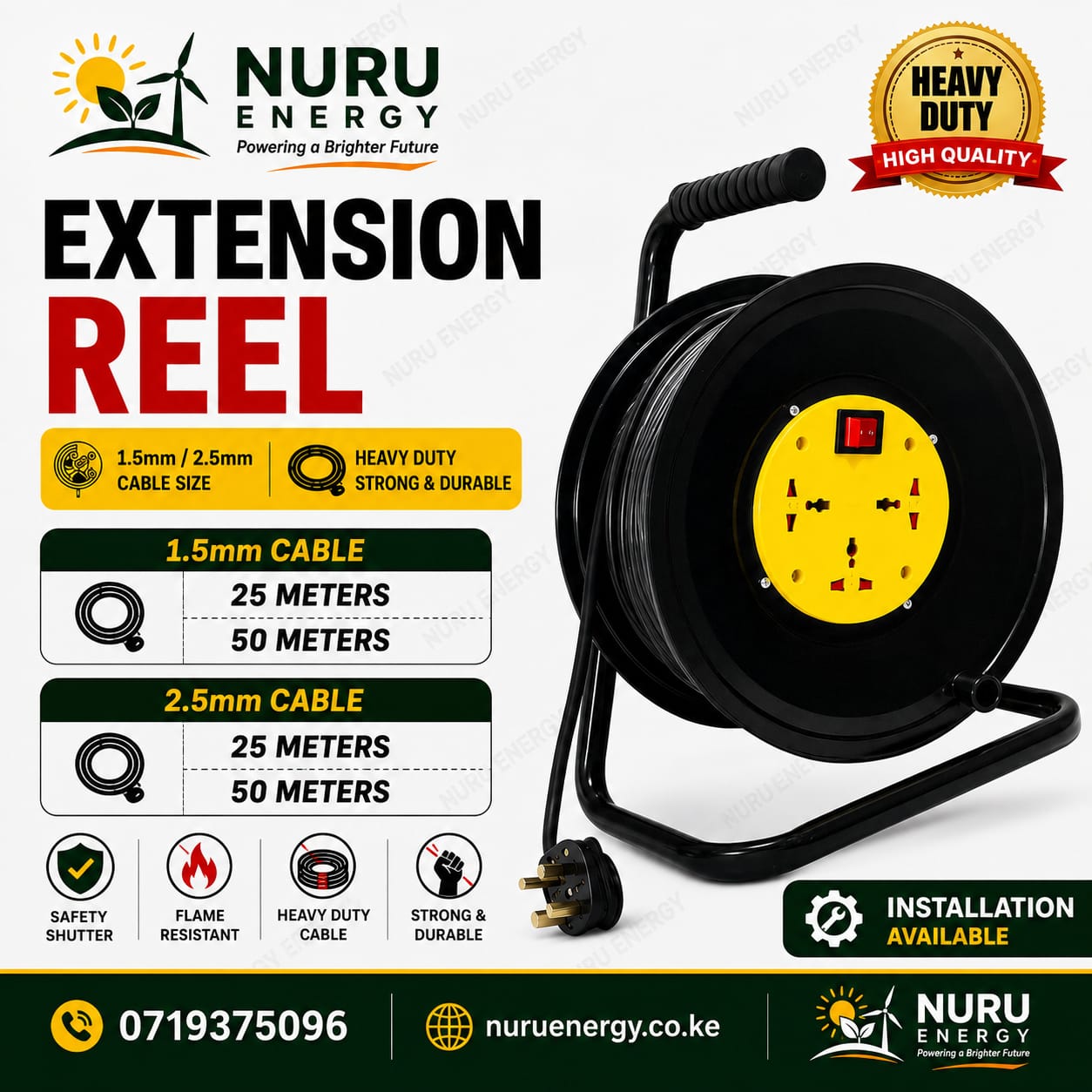 Powermate 25m 2.5mm Heavy Duty Cable Extension Reel