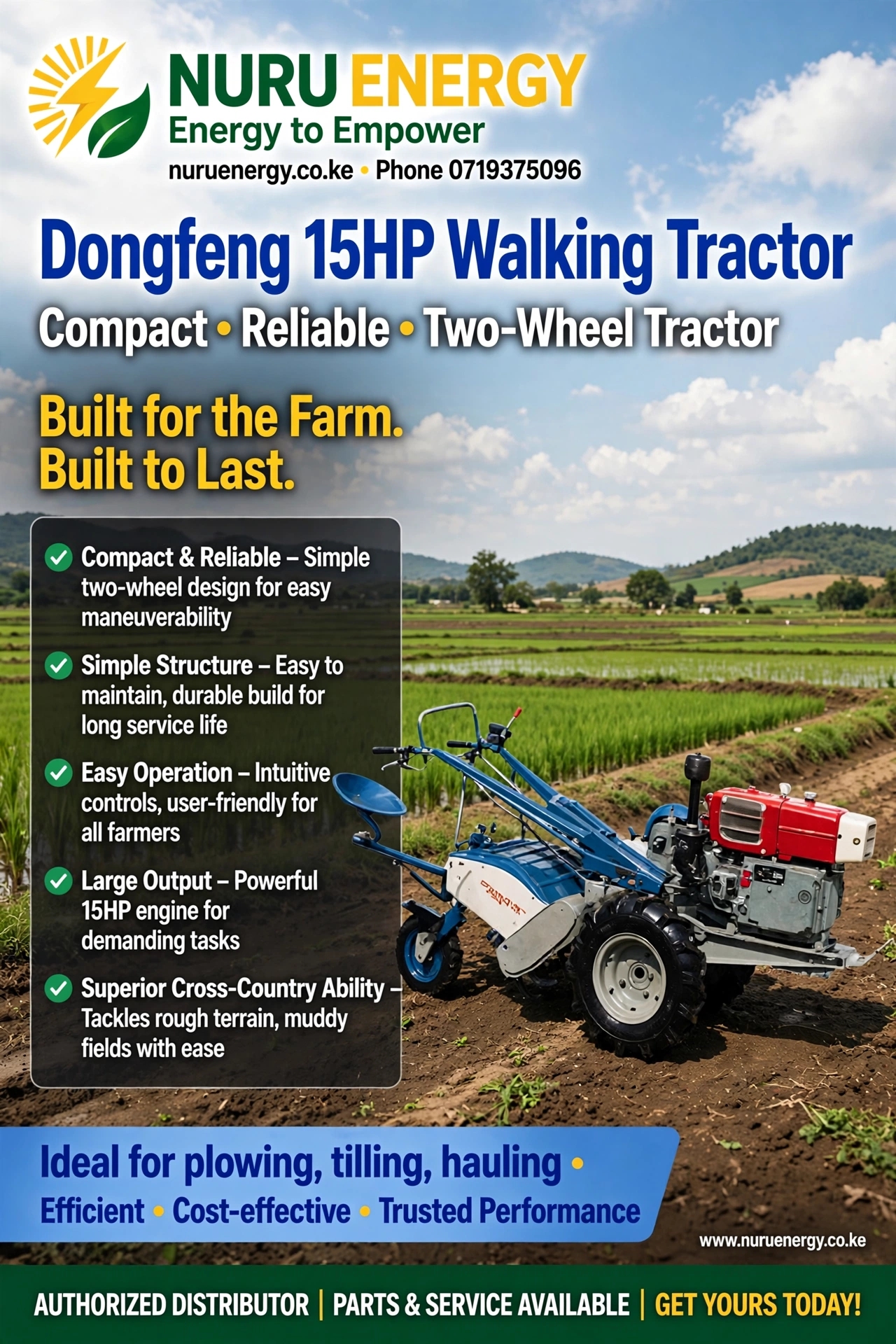 Dongfeng 15HP Diesel Walking Tractor with Tiller