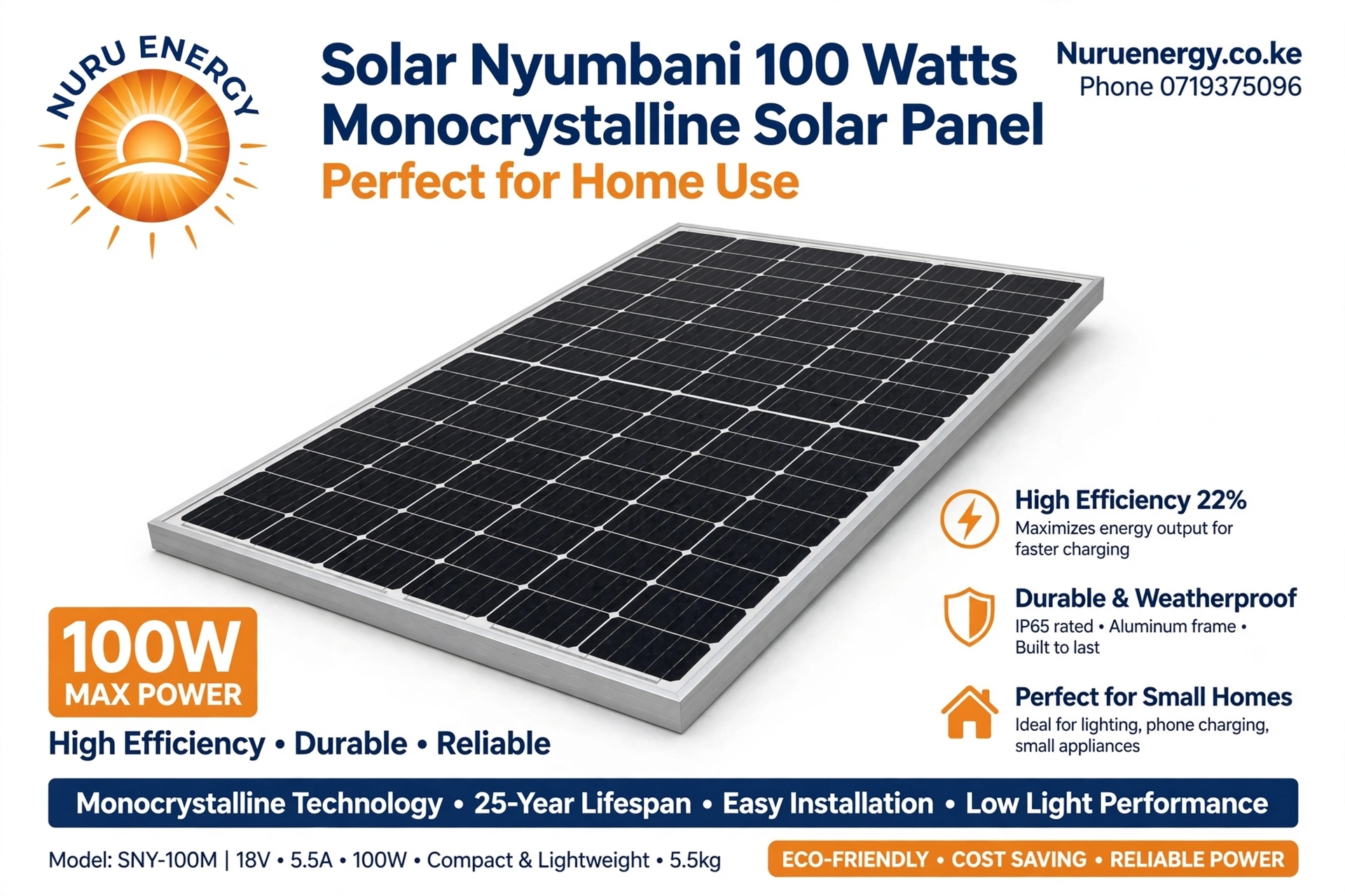 Solar Nyumbani 100W Monocrystalline Solar Panel