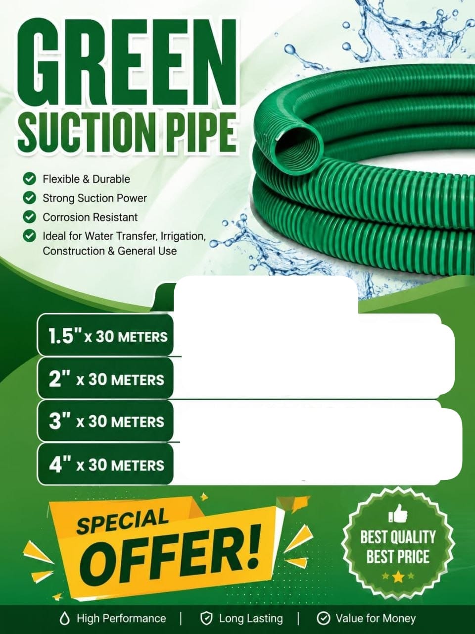 Green Suction Pipe 4-Inch x 30m