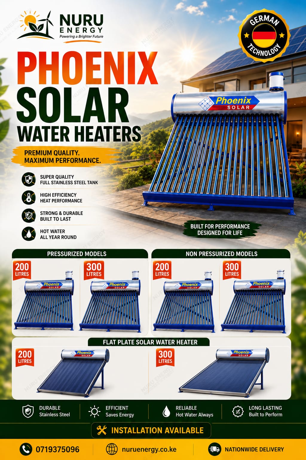 Phoenix 300L Flat Panel Solar Water Heater